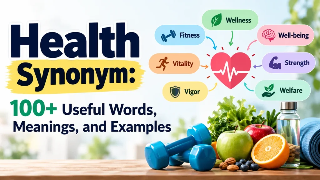Health synonym infographic showing useful alternatives like wellness, fitness, vitality, strength, and well-being